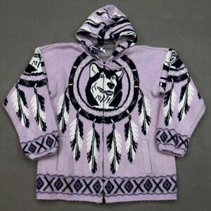 YARi Artensia Dream Catcher Wolf Hooded Sweater Mens M Soft Wool Full Zip Purple